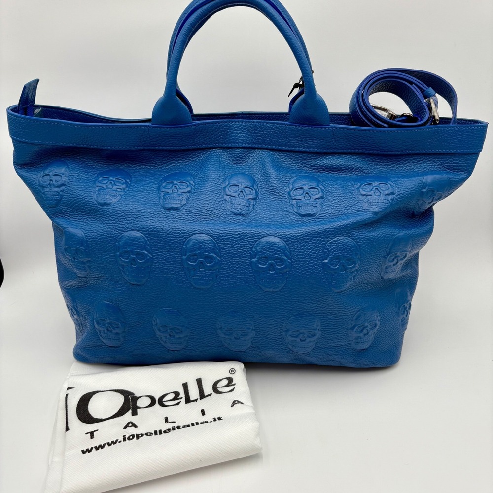 IOpelle Italia Skull Embossed Leather Tote Bag‎ Designer Handbag Blue